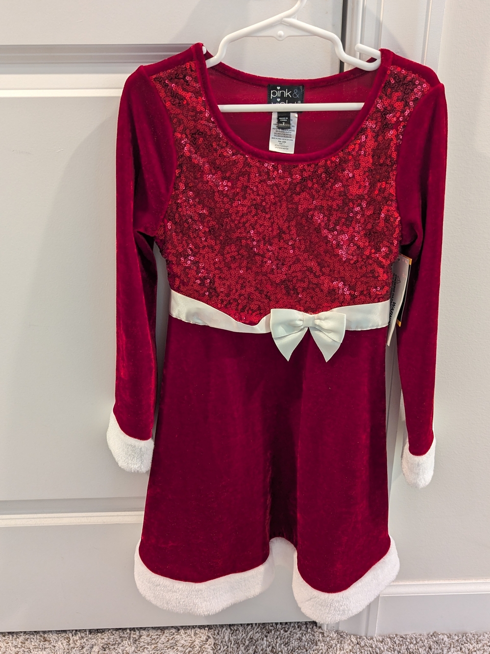 Pink & Violet Girls' Red Sequin Velvet Holiday Dress with Bow